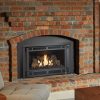 Medium gas fireplace insert in red brick mantel